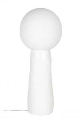 Weiße Kokeshi Stehleuchte von Pulpo mit rundem Schirm und organisch geformter Basis.